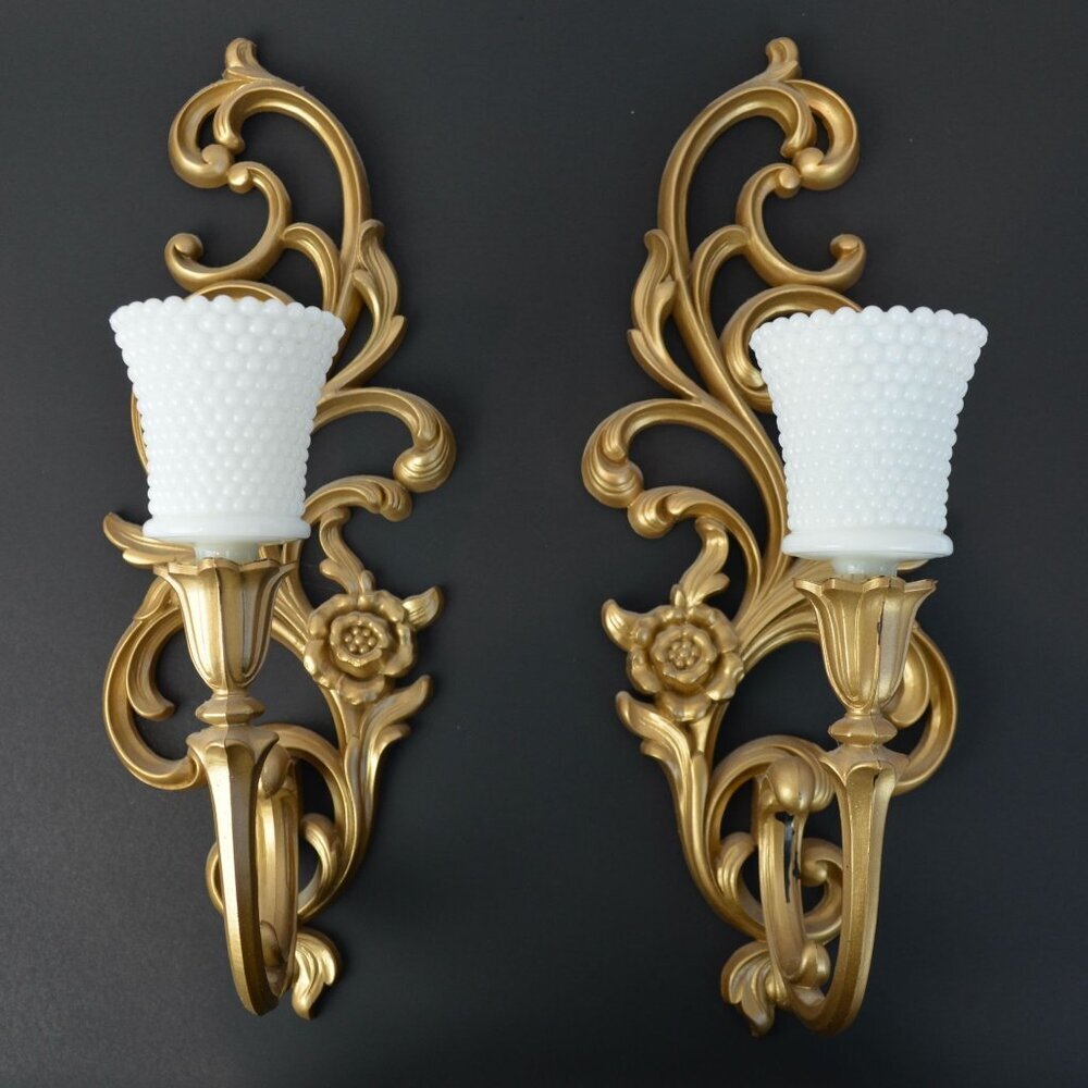 Syroco Vintage Hollywood Regency Gold Painted Candle Sconces with Milkglass Voti